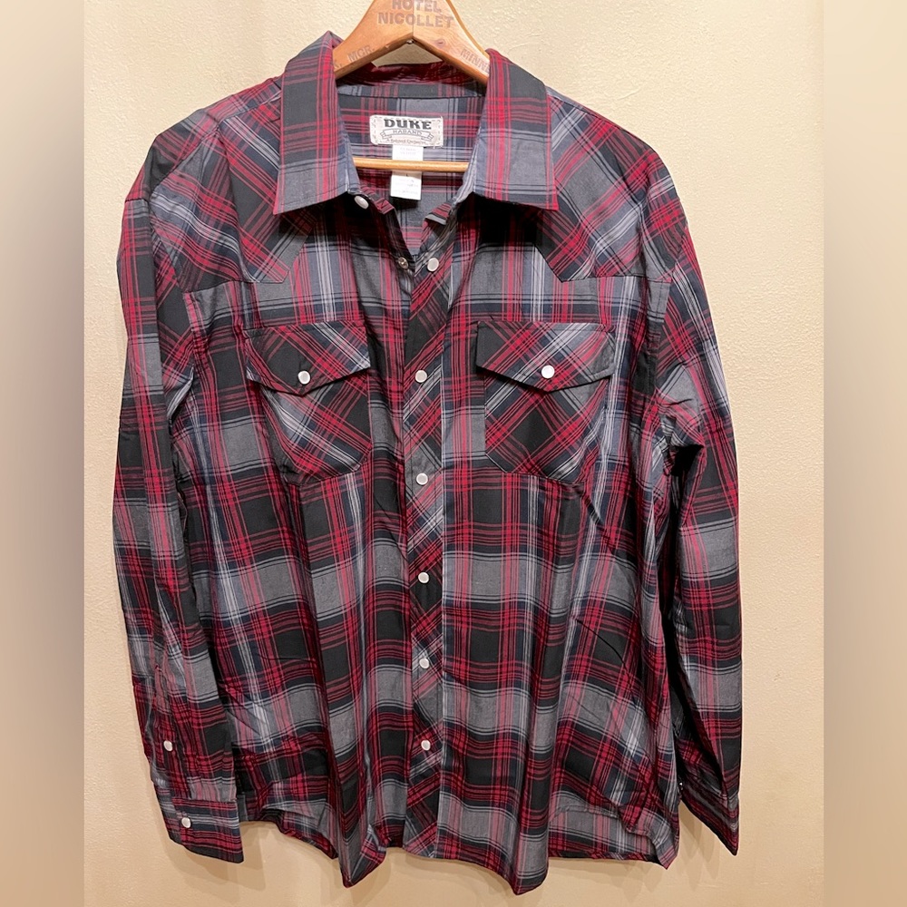 Duke Haband Red Plaid Shirt Western Wear Mens Large Pearl Snap Cowboy